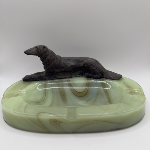 Unmarked Other - Art Deco Green Slag Uranium Glass Ashtray with Metal Borzoi Dog - 1920s Vintage